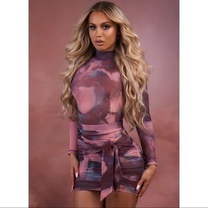 Long sleeve mesh body suit in blush and wrap front ruched mini skirt in blush